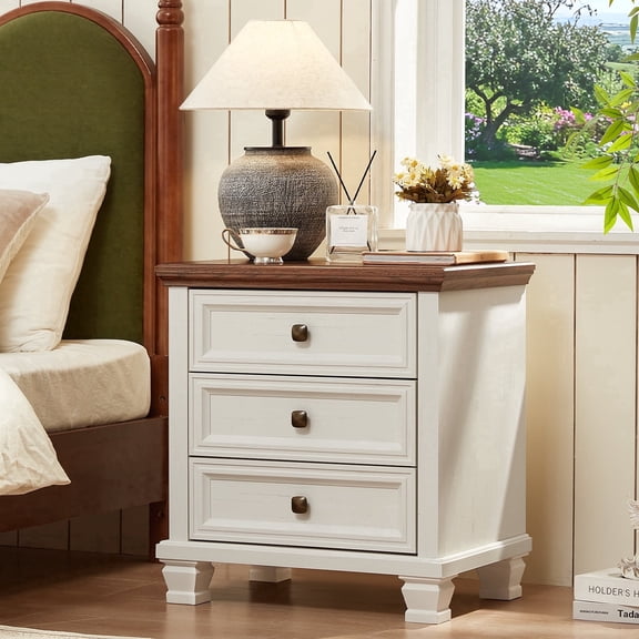 Buildhom Farmhouse 3-Drawer Nightstand with Solid Wood Legs, Rustic End Table for Bedroom & Living Room, White