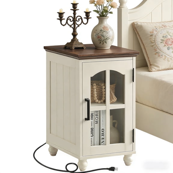 Buildhom Farmhouse Nightstand with Charging Station, Narrow Side Table with Glass Barn Door & Adjustable Shelf for Small Spaces, White