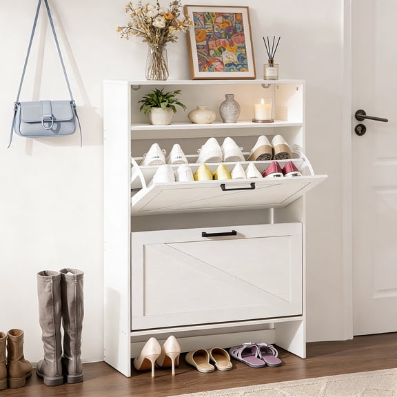 Buildhom Farmhouse Shoe Storage Cabinet with 2 Flip Drawers, Narrow Slim Organizer with Open Shelf for Entryway, White