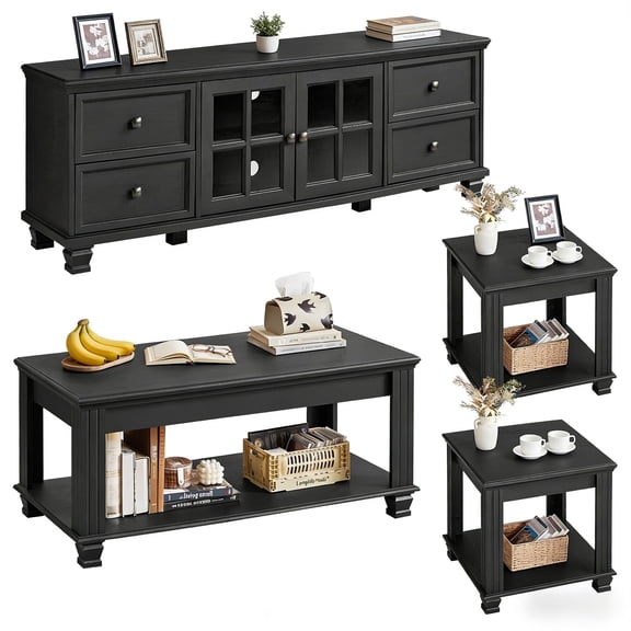 Buildhom Farmhouse TV Stand and Coffee Table Set of 4, Rustic Wood Entertainment Center with End Tables for Living Room, Black