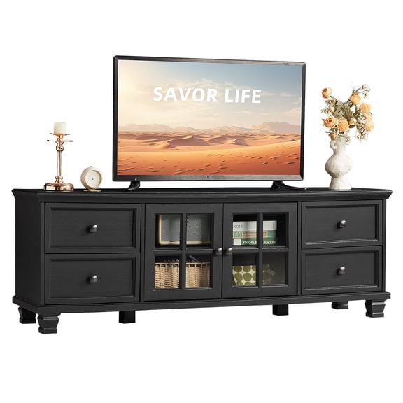 Buildhom Farmhouse TV Stand with Storage, 4-Drawer Rustic Brown Entertainment Center for Living Room, Black