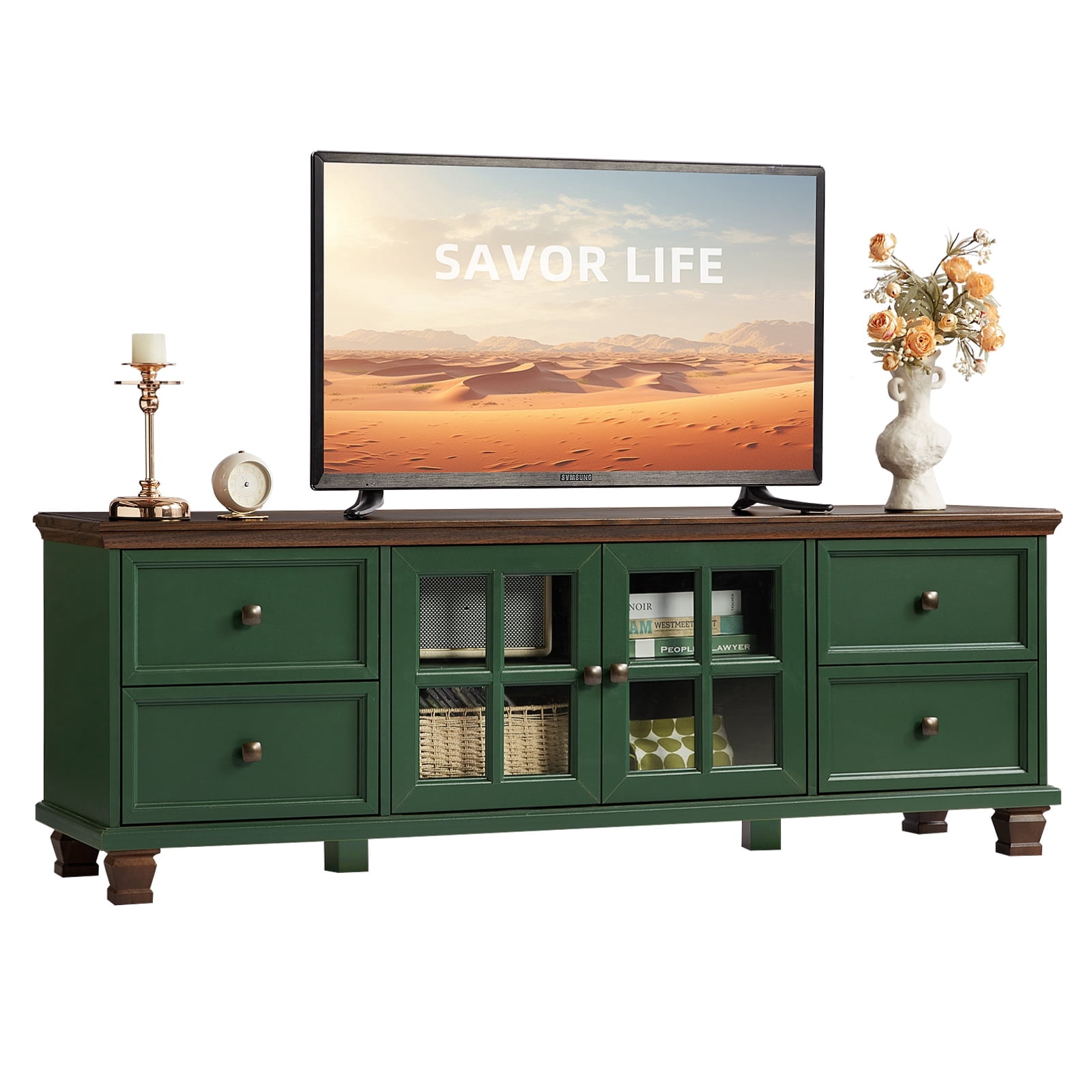 Buildhom Farmhouse TV Stand with Storage, 4-Drawer Rustic Brown Entertainment Center for Living Room, Green