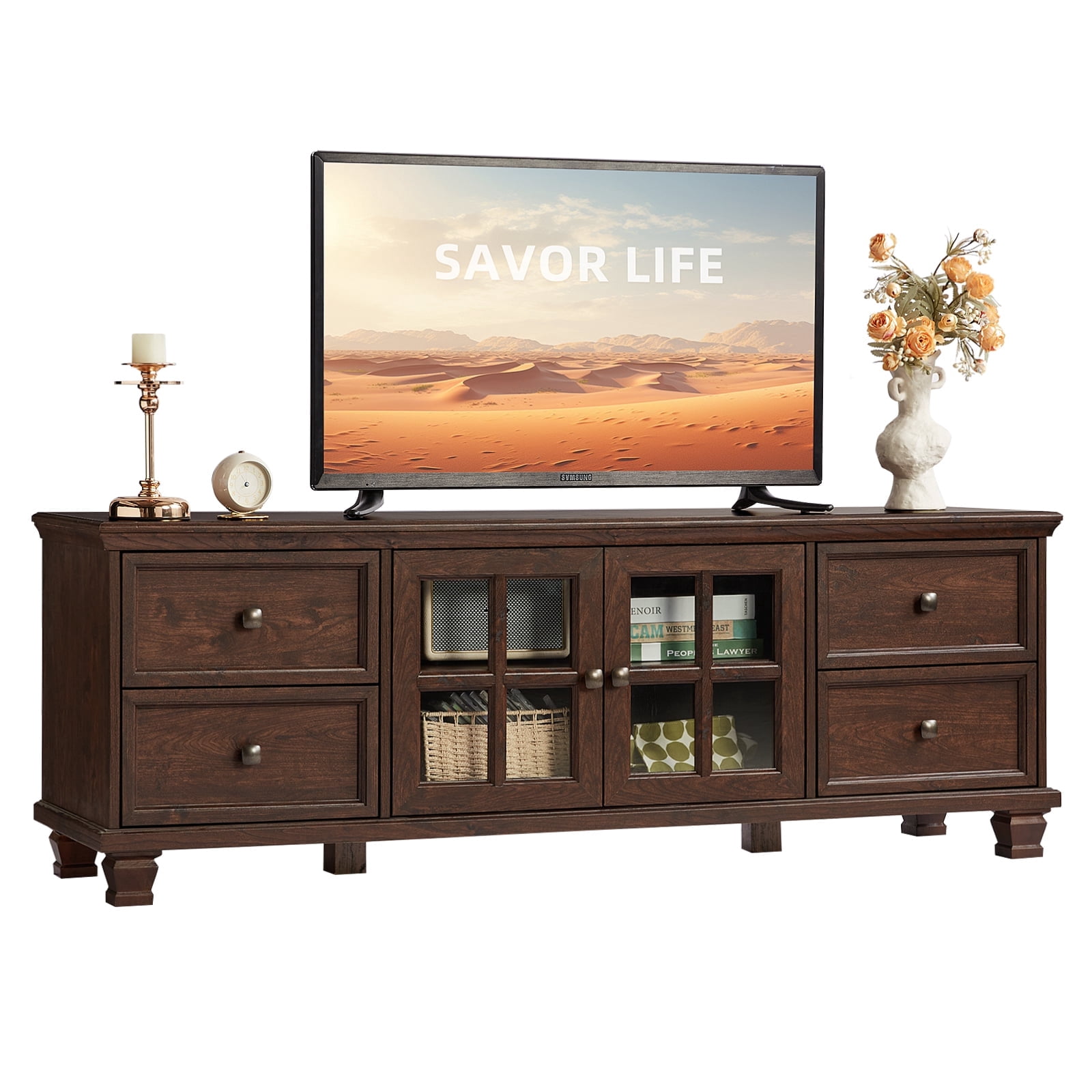 Buildhom Farmhouse TV Stand with Storage, 4-Drawer Rustic Brown Entertainment Center for Living Room, Walnut