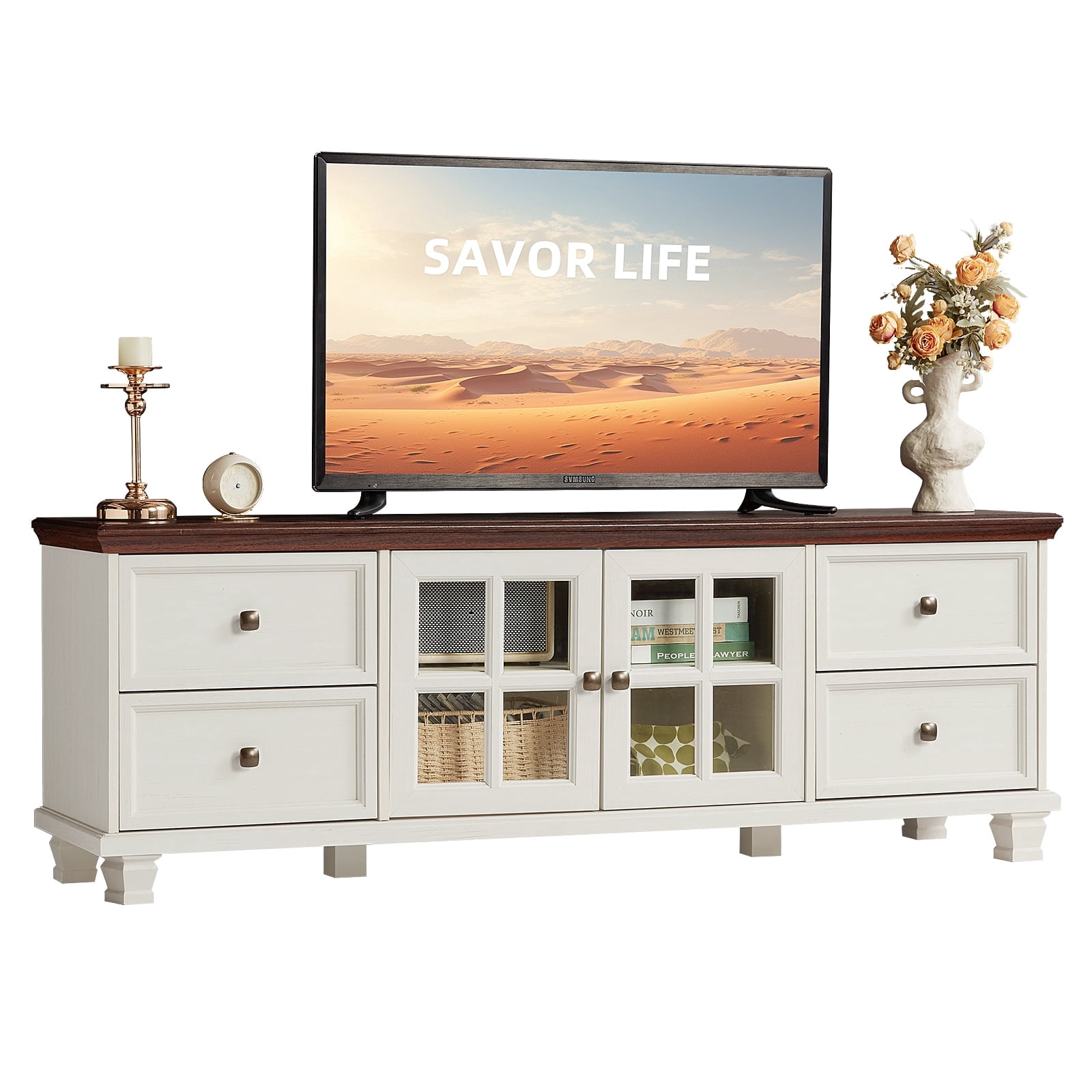 Buildhom Farmhouse TV Stand with Storage, 4-Drawer Rustic Brown Entertainment Center for Living Room, White