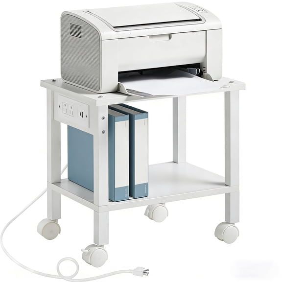Buildhom Under Desk Printer Stand with Charging Station, 2-Tier Wood Rolling Cart with Lockable Wheels for Home Office, White