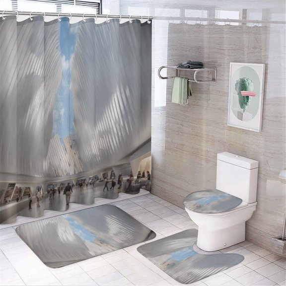 Building 4 Pcs Bathroom Shower Curtain Set, Bathroom Sets with Rugs (Bath Mat, U Shape and Toilet Lid Cover Mat) and 12 Hooks,