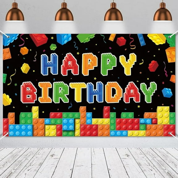 Building Block Birthday Banner Building Blocks Party Backdrop Decoration Happy Birthday Banner Photography Background for Party, 72.8 x 43.3 Inch(Black)