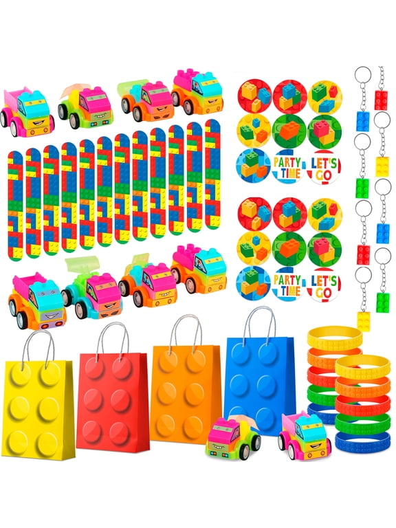 Building Block Birthday Party Favors,62 Pcs Building Blocks Party Favors Set- Building Block Favor Bags,Building Block Birthday Party Keychains Slap Bracelets etc Building Block Themed Party Favors