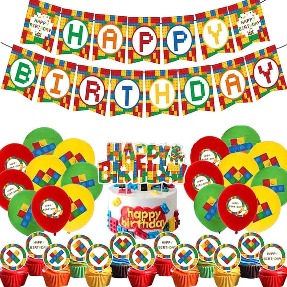 Building Block Birthday Party Supplies Birthday Party Decorations - Includes Building Blocks Theme Happy Birthday Banner, Balloons, Cake Plugin Inserts Boys Girls Kids Birthday Party Decorations