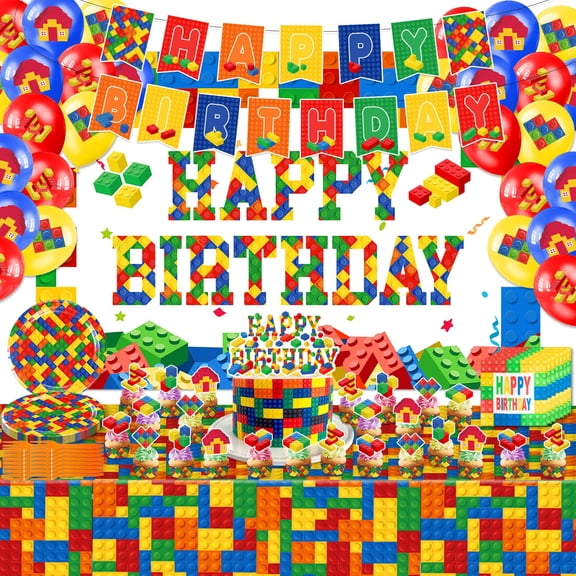 Building Block Birthday Party Supplies, Building Blocks Themed Birthday Party Decorations Set with Banner Balloons Cupcake Toppers Plates Forks Napkins Backdrop Tablecover Cake Topper Y114