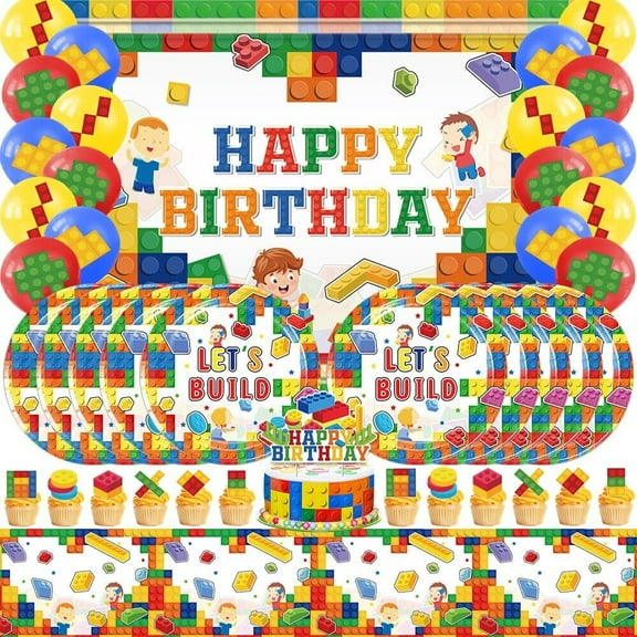 Building Block Birthday Party Supplies Set Plates Balloons Banner Tablecloth Birthday Decorations