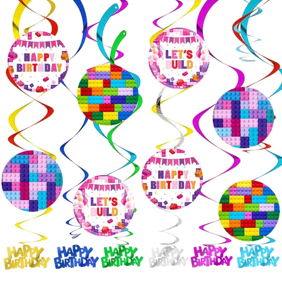 Building Block Bricks Party Decorations Hanging Swirl Sign Whirls Birthday Streamer Ceiling Decor Supplies 14 pcs