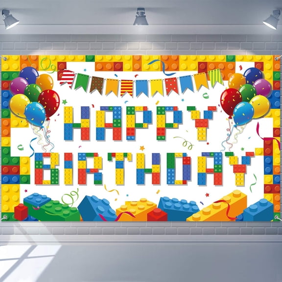 Building Block Happy Birthday Banner Building Block Party Decorations Backdrop Colorful Photography Background for Boys Girls Brick Theme Birthday Decor Number Bricks White, 72.8 x 43.3 Inch