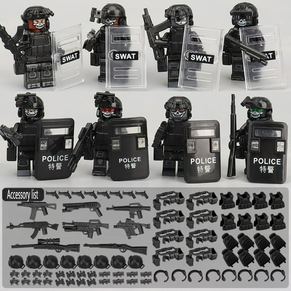 Building Block Minifigures SWAT Team Set of 8, Military SWAT Minifigures Building Blocks, SWAT Action Figures Building Blocks, SWAT Police Figure for Boys Age 4-7(Black)