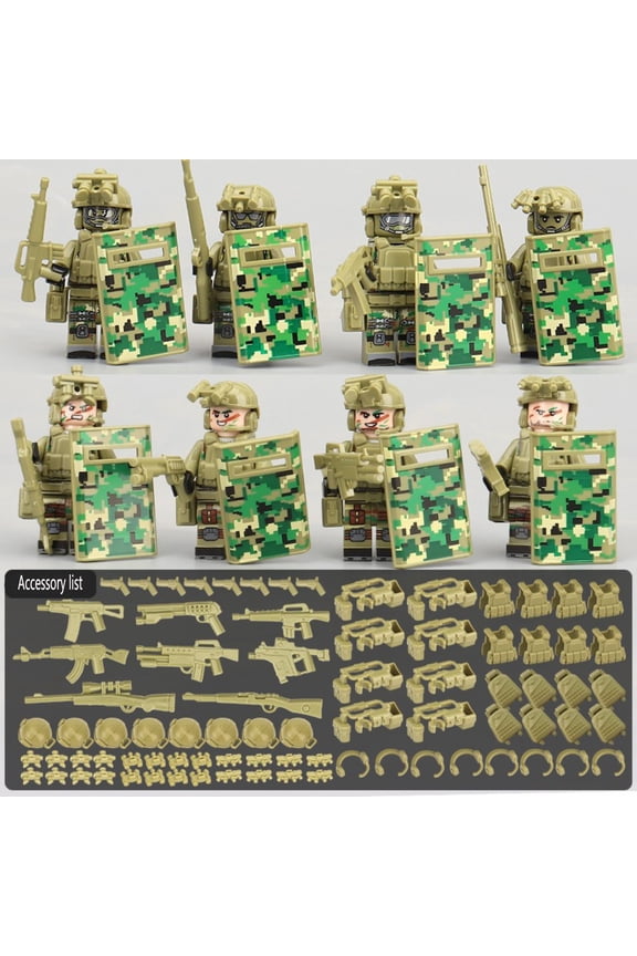 Building Block Minifigures SWAT Team Set of 8, Military SWAT Minifigures Building Blocks, SWAT Action Figures Building Blocks, SWAT Police Figure for Boys Age 4-7(Green)