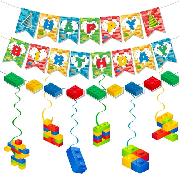 Building Block Party Decorations Banner Swirls, 7PCS Building Blocks Hanging Swirls Decoration - Building Blocks Birthday Banner, Building Block Party Hanging Swirls for Building Block Party Favors