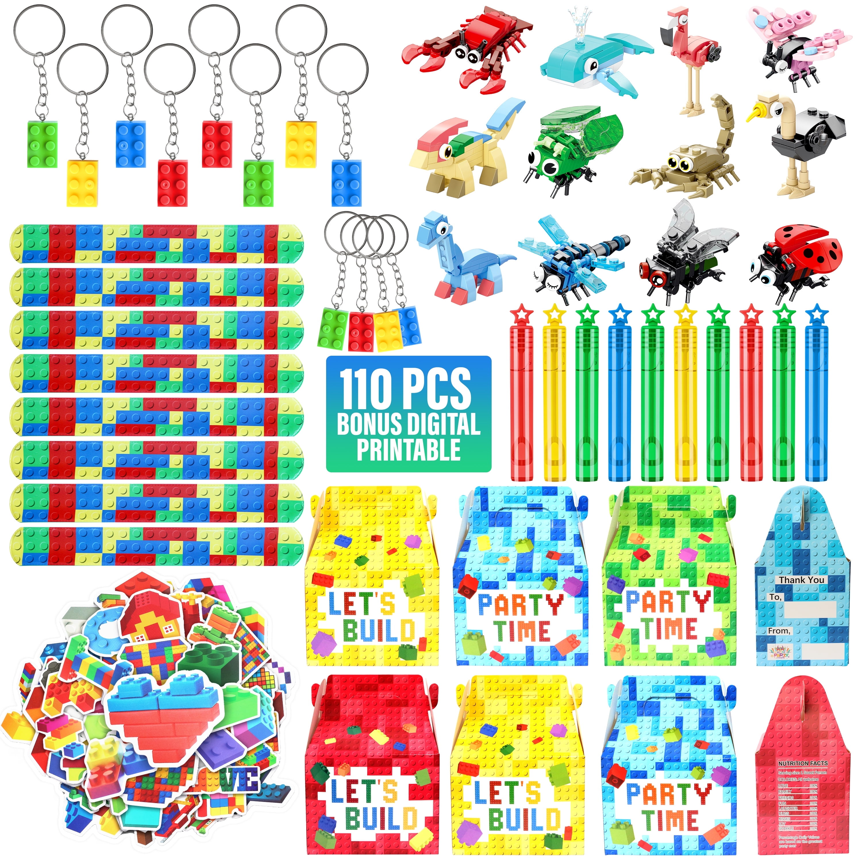 110 Pcs Building Blocks Party Favors For Kids, Set Of 12 Brick Style Keychain, Wristband, Treat Box, Stickers , Bubble and Toy (12 serve)