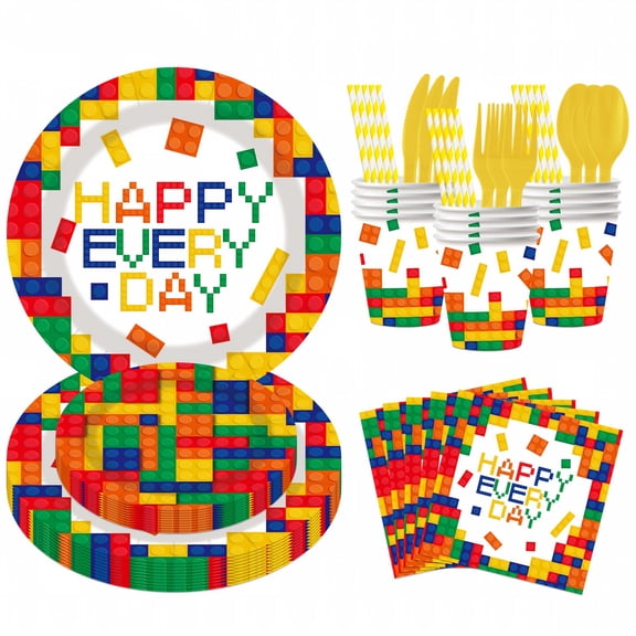 Building Block Party Suppliess for Birthday Party Decorations, 160-Piece Colorful Building Block Party Tableware Set Include Disposable Paper Plates and Napkins, Plastic Forks Etc. Serves 20