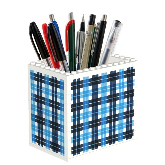 Building Block Pen Holder Desk Organizer Holds Pens Pencils Markers Gift For Desk Office Family Friends Blue And Black Checkered Pattern