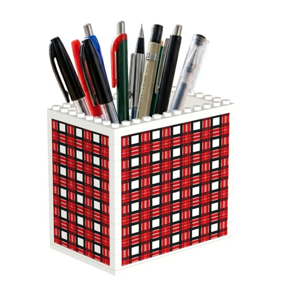Building Block Pen Holder Desk Organizer Holds Pens Pencils Markers Gift For Desk Office Family Friends Red And Black Checkered Pattern (7)