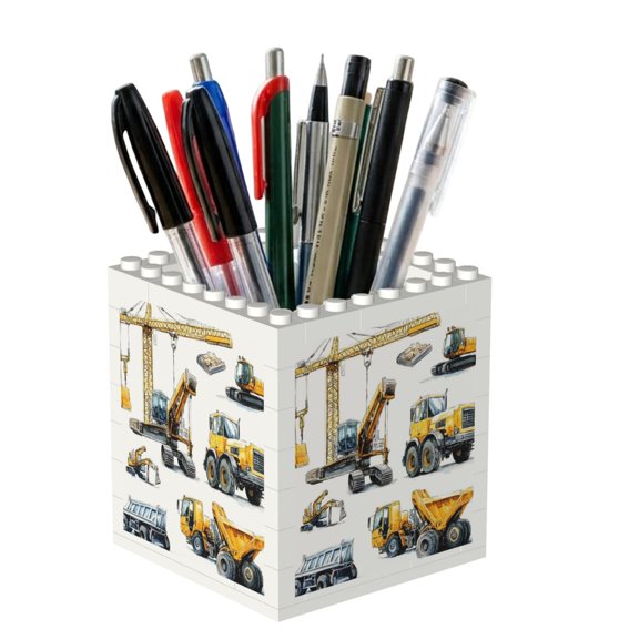 Building Block Pen Holder Desktop Organizer Puzzle Stress Relief For Pens Pencils Markers Gift Engineering Vehicle Tower Crane Truck