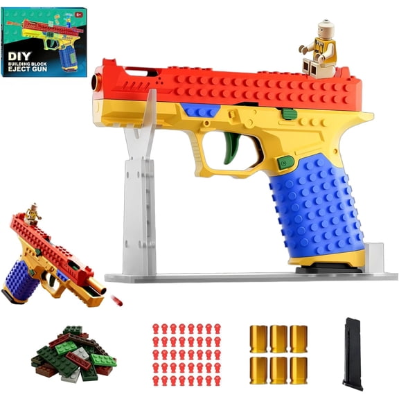 Building Block Toy Gun, Automatic Shell Ejecting Blaster with DIY Fun, Fits Most Building Brick Systems, Includes Figurines & Display Stand, Suitable for 14+