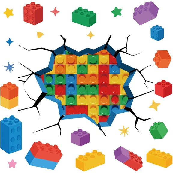 Building Block Wall Decals Broken Wall Sticker Colorful Bricks 3D Broken Design Peel and Stick Reusable Removable Self Adhesive Vinyl Art Decor Cling