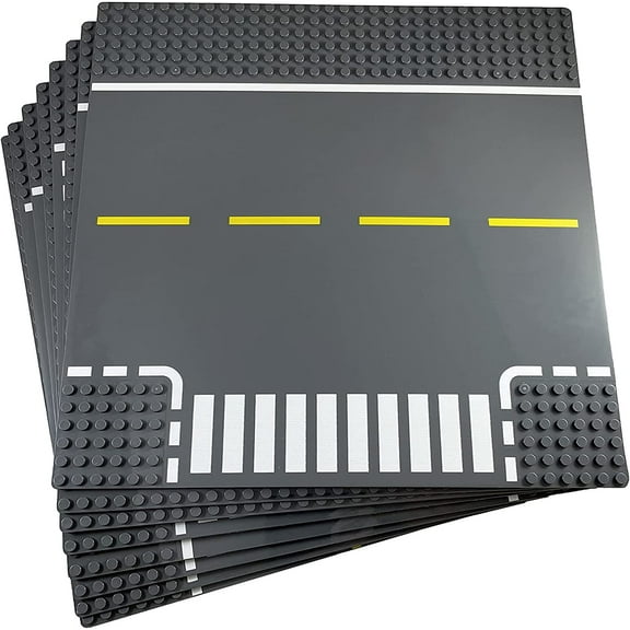 Building Blocks Base Plates Compatible with All Major Brands 8pcs Baseplate Gray with Road Design Straight, Curve, Crossroad, T-Junction Gray Base Plates
