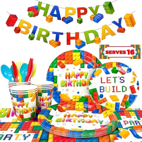 Building Blocks Birthday Party Supplies-133pcs Building Blocks Party Tableware Set-Building Block Party Plates Napkins Tablecloth Banner etc Colorful Building Block Party Supplies for Kids Boys/Girls