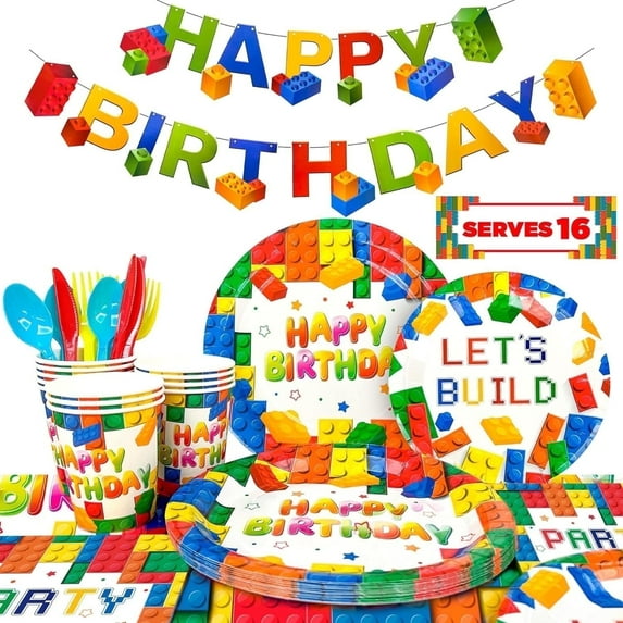 Building Blocks Birthday Party Supplies-133pcs Building Blocks Party Tableware Set-Building Block Party Plates Napkins Tablecloth Banner etc Colorful Building Block Party Supplies for Kids Boys/Girls