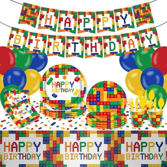 Building Blocks Birthday Party Supplies for 16 Guests, 96PCS Party Decorations Set Includes Paper Plates, Napkins, Forks, Happy Birthday Banner & Tablecloth for Kids Boys Brick Birthday Party