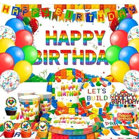 Building Blocks Birthday Party Supplies, 72Pcs Building Block Party Decorations Set - Building Blocks Party Plates Napkins Backdrop Balloons Cake Topper etc. Building Block Party Supplies For Kids