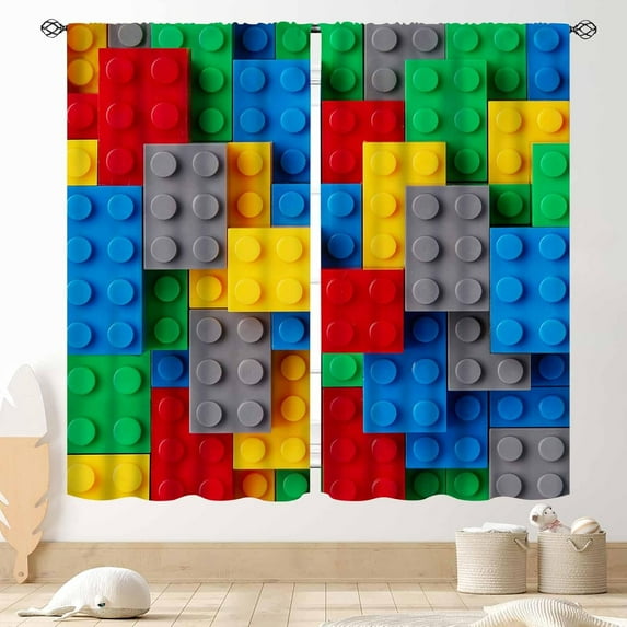 Building Blocks Blackout Curtains, Kids Boys Abstract Colorful Geometric Brick Constructor Toy Curtains Bedroom Playroom Living Room Abstract Window Treatments Drapery 53"W x 63"L (Pack of 2)