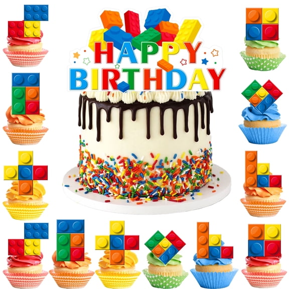 Building Blocks Cake Decoration, 24Pcs Building Block Party Cupcake Toppers + 1 Pcs Building Block Birthday Cake Toppers/Building Blocks Cake Decorations for Building Block Party Supplies