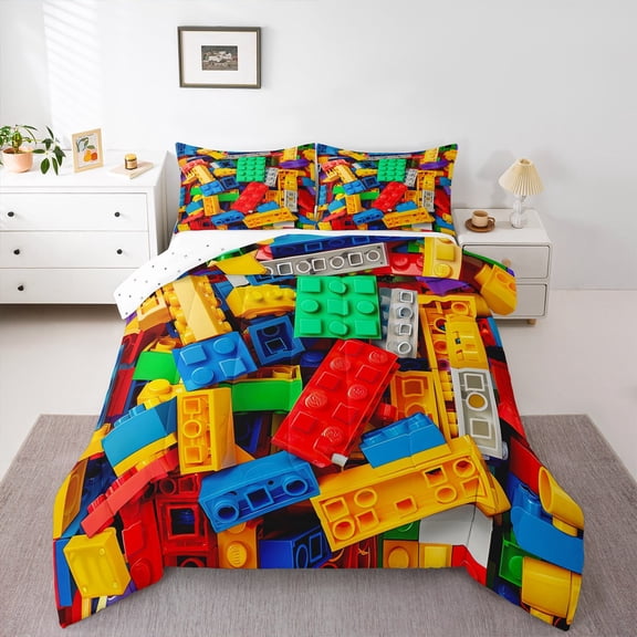 Building Blocks Comforter Set Twin, Colorful Bedding , 3D Rainbow Construction Brick Bedding Comforter Sets Funny Geometric Rectangle Down Comforter