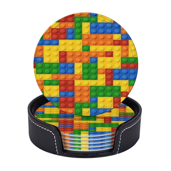 Building Blocks Construction Brick Coasters With Leather Holder Set Of 6 Round Coasters for Home and Kitchen Decor