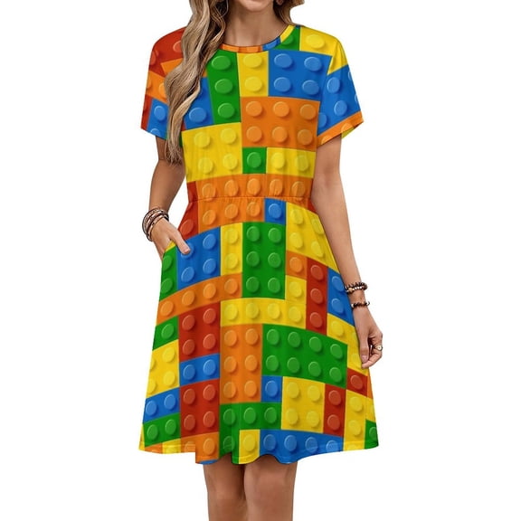 Building Blocks Construction Brick Dress Summer Street Style Dresses Female Short Sleeve Printed Sundress