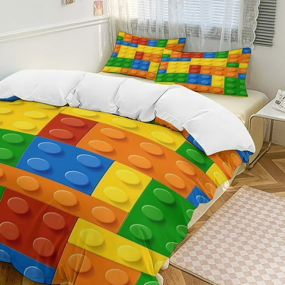 Building Blocks Construction Brick Duvet Cover Set Themed Multicolor Polyester Bedding Set for Bedroom Decoration