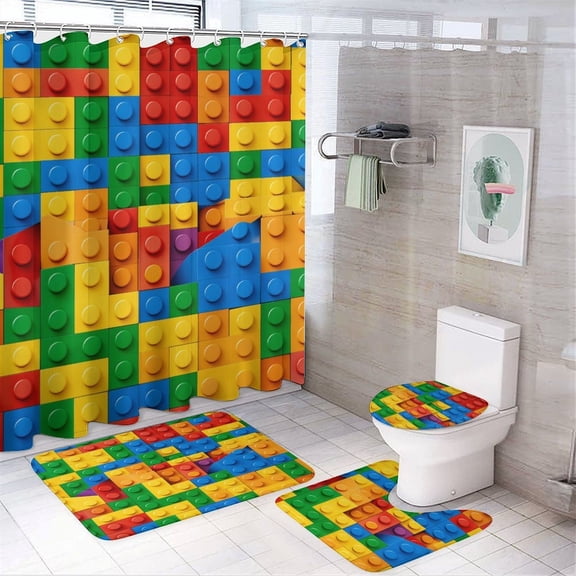 Building Blocks Construction Brick Shower Curtain Bathroom Sets Toilet Lid Rug, Rugs Mat Bath Mat And Contour Mat, Shower Curtain 4Pcs