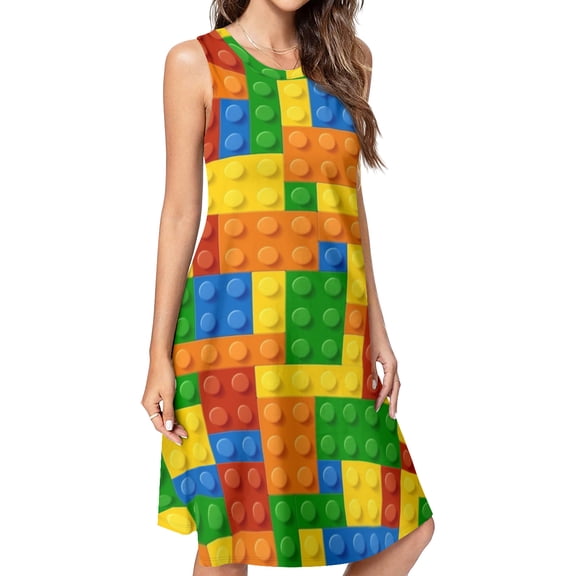 Building Blocks Construction Brick Spring Summer Dresses for Women Fashion T-shirt Dress Casual Sleeveless Loose Sundress with Pockets
