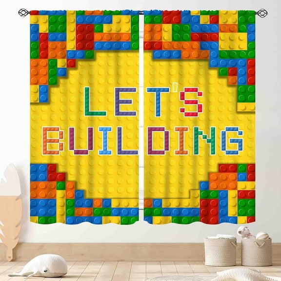 Building Blocks Curtains for Boys Room, Abstract Colorful Plastic Building Brick Blocks Geometric Printed Pattern Yellow Window Drapes for Kids Baby Bedroom Living Room, 42"x63" Inch
