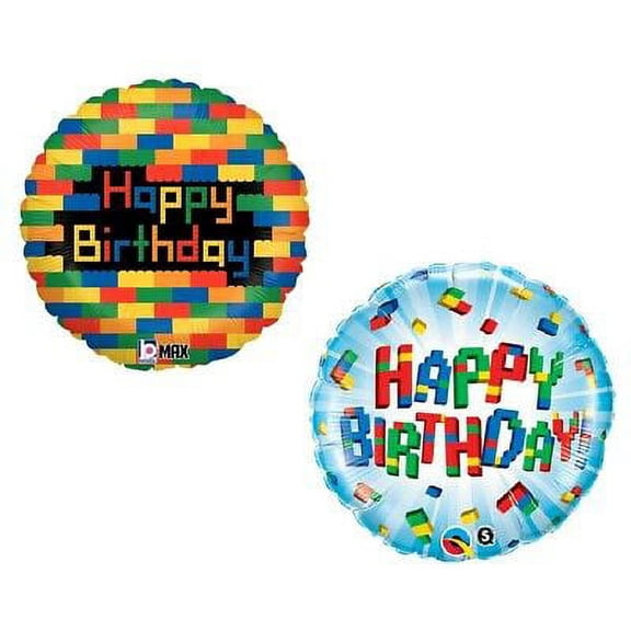 Building Blocks Exploding Bright Colored (2) 18" Happy Birthday Party Decoration Foil Mylar Balloons