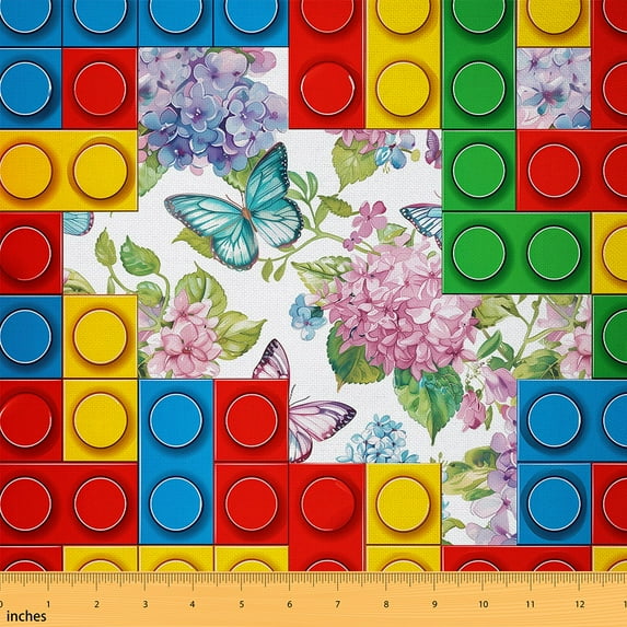 Building Blocks Fabric By The Yard,Hydrangea Butterfly Upholstery Fabric,Colorful Toy Decorative Fabric,Material Bricks Stones Blocks Indoor Outdoor Fabric,Green Red,2 Yards