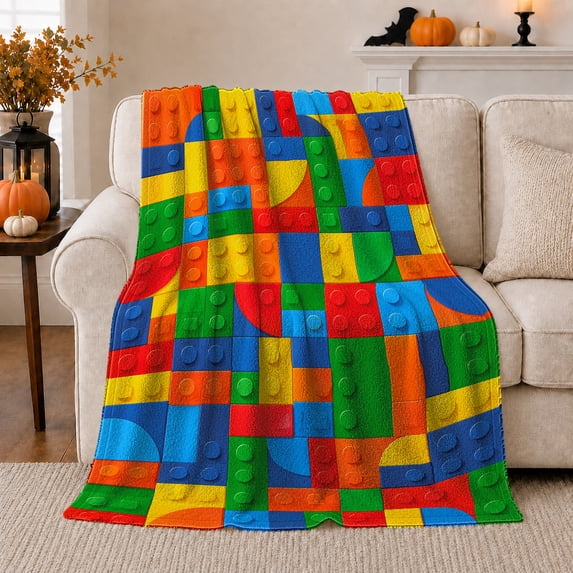 Building Blocks Halloween, Festive Halloween Scene, Warm Flannel Blanket for Living Room and Family Room with Detailed Artwork, Art Lovers Halloween Gift, Festive Home Decor