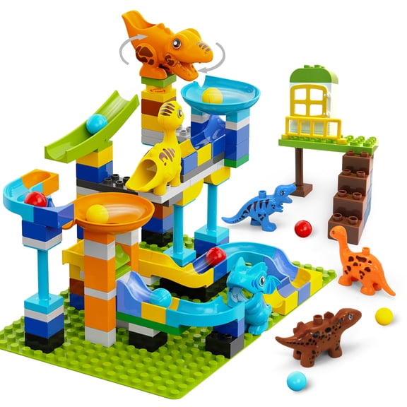 Building Blocks for Kids Ages 3+ | 121-Piece Dinosaur Marble Run with 6 Dinosaurs & 2 Baseplates | Construction Set with Step-by-Step Guide | Ideal Christmas & Birthday Gift