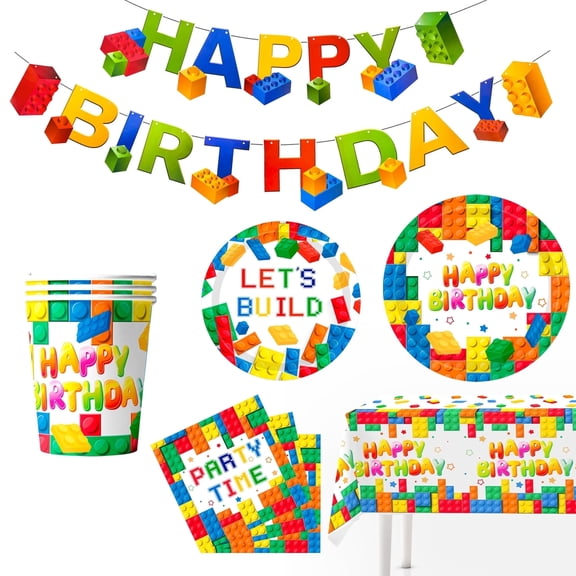 Building Blocks Party Supplies, 66pcs Building Blocks Party Tableware - Colorful Plates Napkins Tablecloth Banner Etc Party Supplies