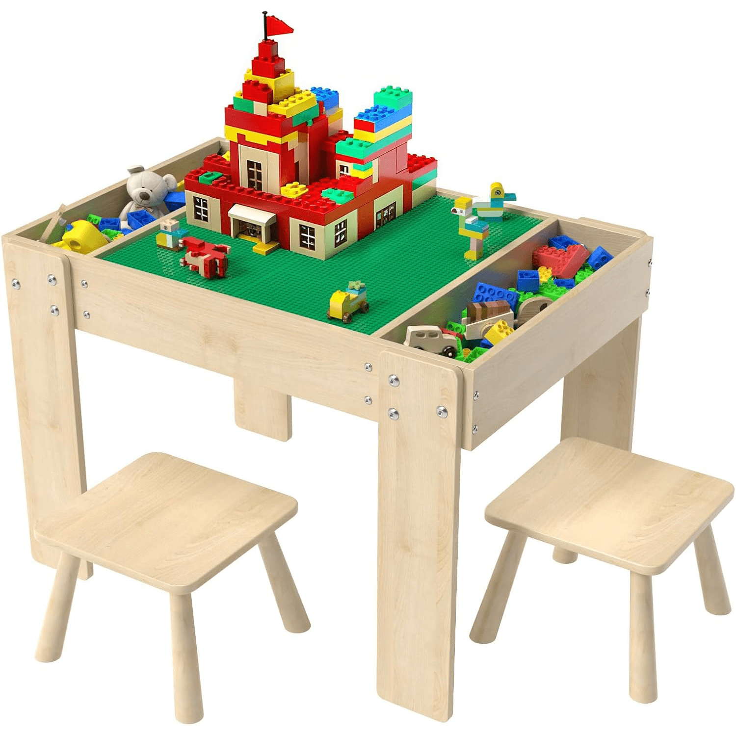 Building Blocks Table with Storage for Kids, Wooden Table Fits Legu Bricks for Toddlers Ages 3+, Kids Activity Play Desk with 2 Chairs, 31.29''X 22.44''X 19.69'' ( Table Only)