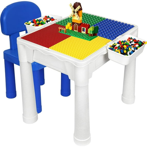 Building Blocks Table for Kids 7 in 1 Activity Table Set for Toddler, with Chair & 2 Hanging Storage Boxes, Compatible with Building Bricks