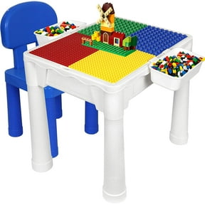 Building Blocks Table for Kids 7 in 1 Activity Table Set for Toddler, with Chair & 2 Hanging Storage Boxes, Compatible with Building Bricks