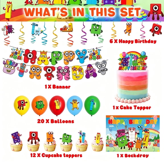 Building Blocks Theme Birthday Party Decorations Set - Number Banner Cake Toppers Balloons and Spiral Hanging Ornaments for Kids First Second Third Celebration Supplies